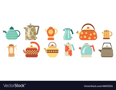 Flat Kettles Set Kitchen Utensils Hot Tea Drink Vector Image