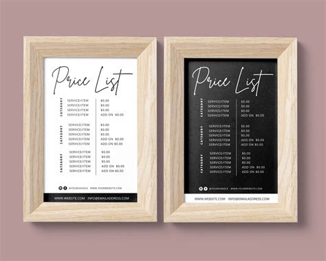 The Price List Is Displayed In A Wooden Frame On A Pink Wall Next To A