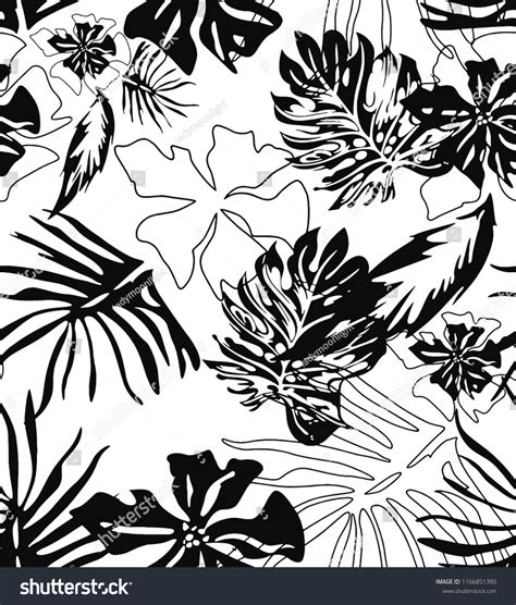 Seamless Black And White Tropical Leaves Pattern Vector Whiteblackseamlesstropical Tropical