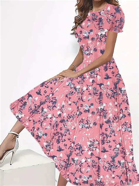 Floral Print Crew Neck Dress Elegant Short Sleeve Dress Temu Canada