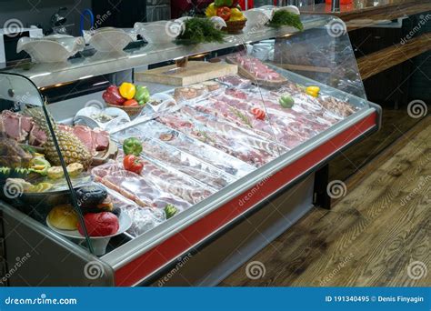 Display With Meat Steaks Butchers Shop Or In A Restaurant Stock Image