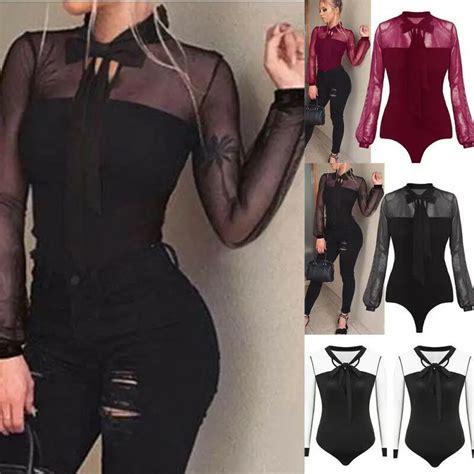 Bodysuit Feminino Elástico Collant Manga Longa Corpo Topos T Camisa