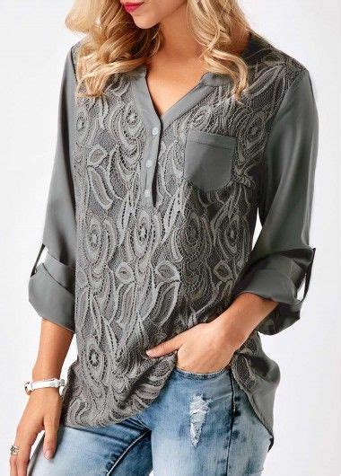 Lace Panel Split Neck Roll Tab Sleeve Blouse On Sale Only US 31 11 Now