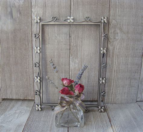 Vintage 5 X 7 Elsal Floral And Heart Pewter Picture Frame With Etsy