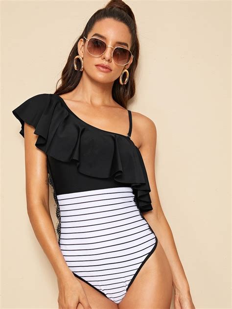 Striped Flounce One Shoulder One Piece Swimwear Shein Summer