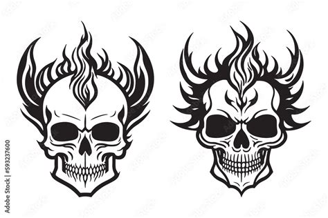 Skull With Fire And Smoke Effect Simple Tattoo Design Black Outline