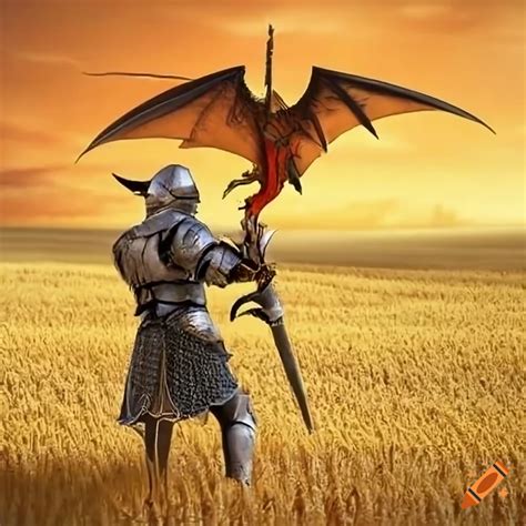 Brave Knight Battling A Dragon In Golden Wheat Fields On Craiyon