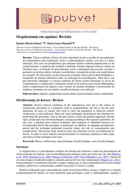 Pdf Orquiectomia Em Equinos Revis O