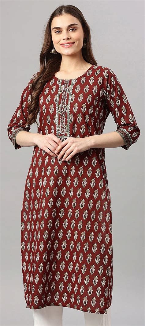 Casual Party Wear Red And Maroon Color Cotton Fabric Kurti 1767551