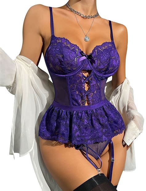 Women Sexy Lingerie Set With Garter Belt Lace Bodysuit Teddy With Panty