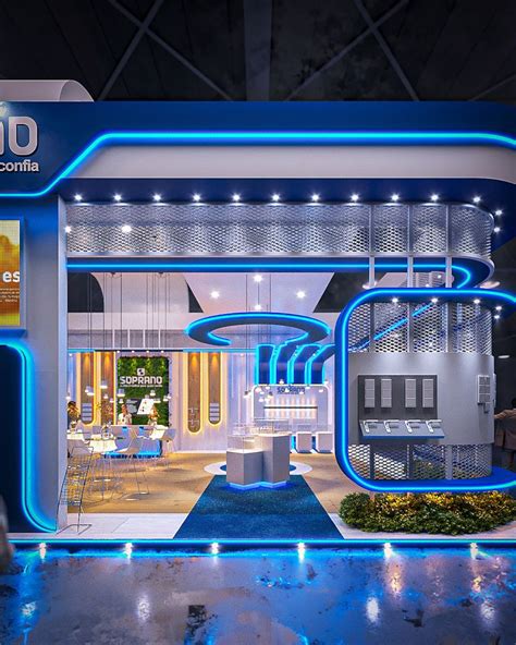 An Exhibition Booth With Blue Lighting And White Walls Including The