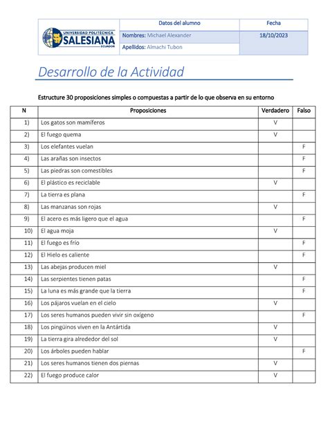 Proposiciones Datos Del Alumno Fecha Nombres Michael Alexander