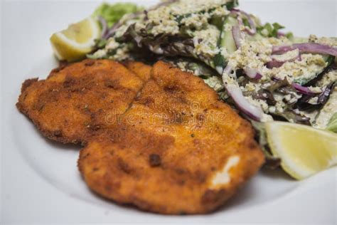 Breaded Chicken Breast With Vegetable Salad Stock Photo Image Of