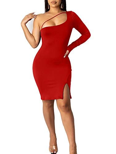 Tob Women S Sexy Long Sleeve One Shoulder Stretchy Bodycon Split Party Mini Dress Red