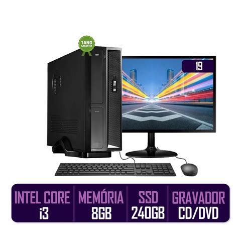 Computador Pc Cpu Slim Completo Intel Core I3 8gb Ssd 240gb Kit Monitor