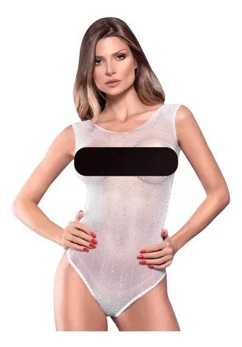 Lingerie Sexy Body Arrastão Strass Branco Cavado Sensual Parcelamento