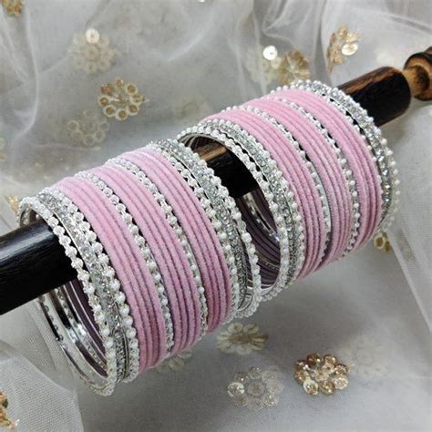 Baby Pink Silver Pearl Velvet Indian Asian Bangle Set Churiya Bangle