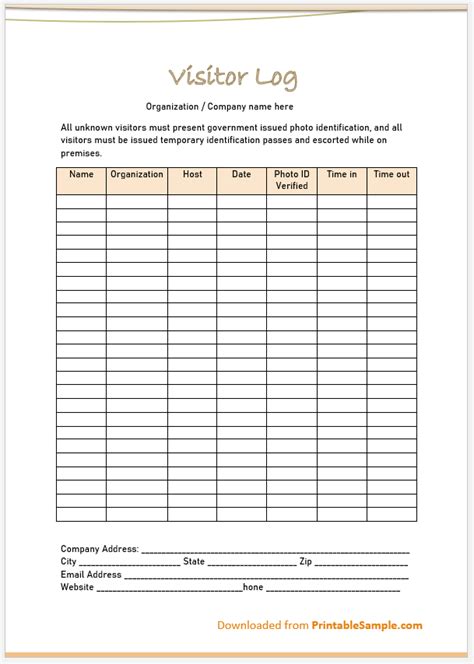 Free Sample Visitor Log Templates Printable Samples Off