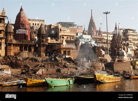 Funeral Pyres Burn Day And Night At Manikarnika Cremation Ghat On The