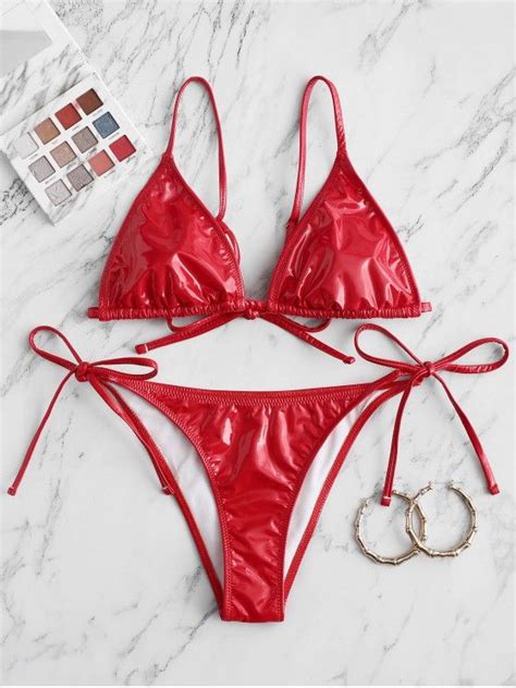 Off Zaful Patent Leather Solid String Bikini Set In Red Zaful