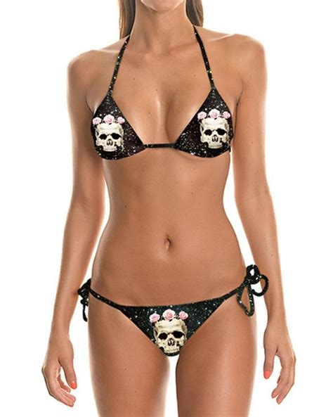 Emmiol Free Shipping 2024 Skull Rose Printed Halter Triangle Bikini Set