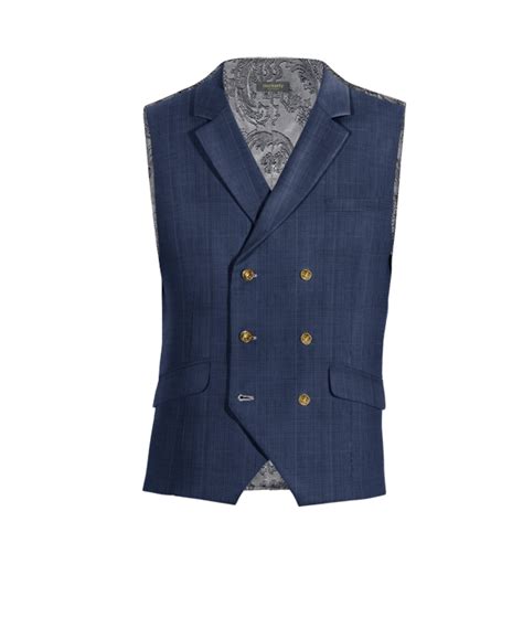 Gilet Classico Doppio Petto Lana 100 Blu A Quadri Con Risvolto Con