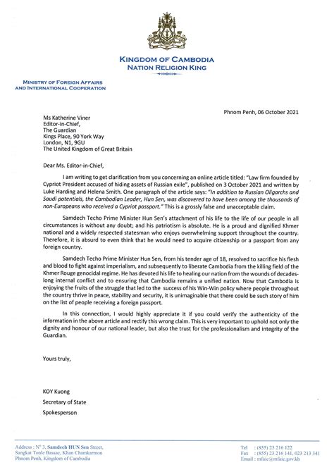 Cambodia Foreign Affairs Spokesperson Sends Letter To Chief Editor Of The Guardian To Clarify