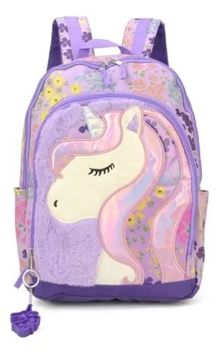 Mochila Bolsa Escolar Feminina Juvenil Unicornio Chaveiro Cor Lil S