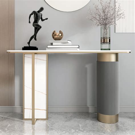 Modern White Gold Entryway Console Table Sintered Stone Top Entryway