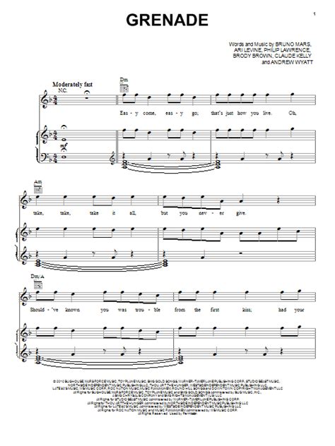 Bruno Mars "Grenade" Sheet Music for Easy Guitar Tab | Download PDF - 82884