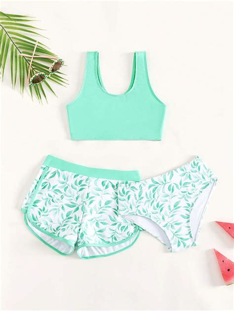 Tween Girl Plant Print Bikini Set With Beach Shorts Summer Beach