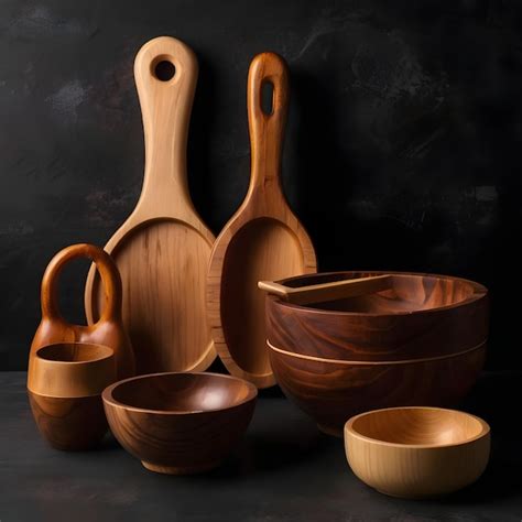 Premium Photo | Elegant Wooden Kitchenware Collection on Dark Table