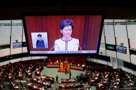 Hong Kong leader gives speech via video after protests in Parliament ...