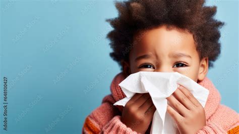 Cute child with tissue for a runny nose in a studio image. Stock Photo ...