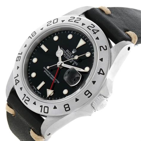 Rolex Explorer Ii Mens Steel Black Dial Leather Strap Watch