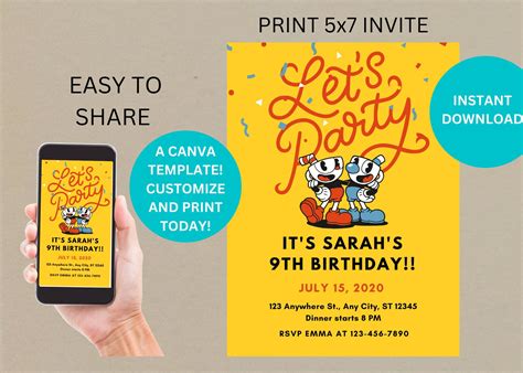 Cuphead Digital Birthday Invitation Cuphead Invite Instant Download Digital Editable Template