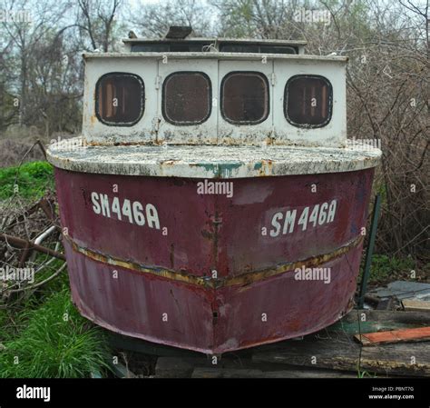 Old Abandoned Wrecked Boat At River Shore Stock Photo Alamy