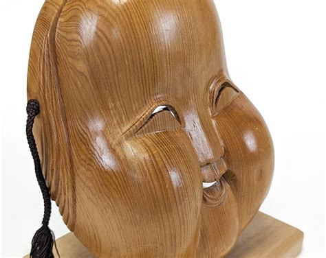 Wooden Otafuku Mask Traditional Japanese Hand Carved Mask Folk Craft