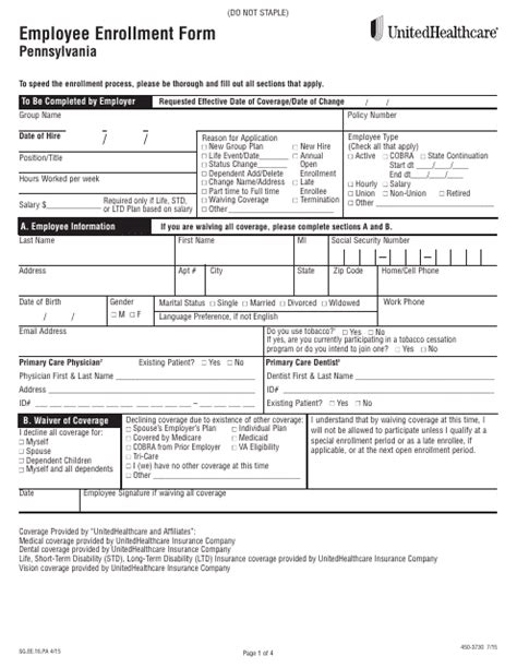 Florida United Healthcare Employee Enrollment Form Fillable Printable