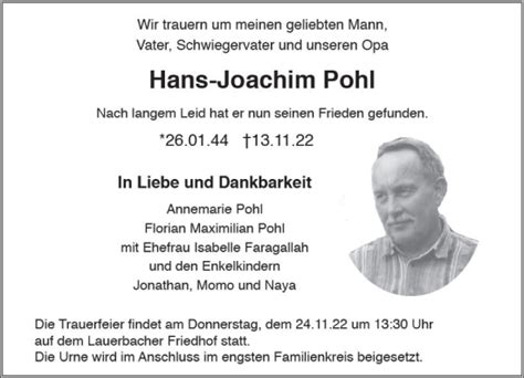 Traueranzeigen Von Hans Joachim Pohl Vrm Trauer De