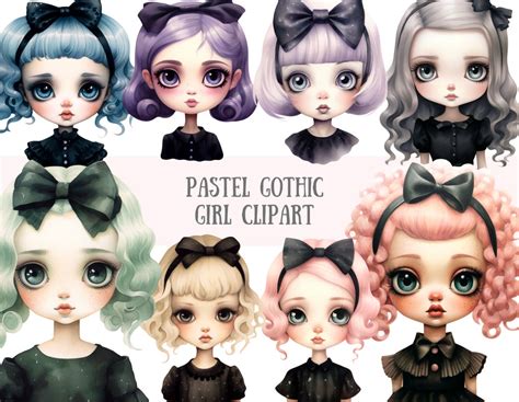 Watercolour Pastel Gothic Girl Clipart Kawaii Goth Fashion PNG Digital ...