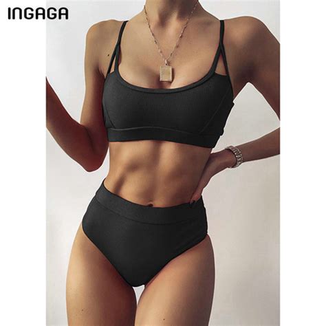 Qoo10 Ingaga High Waist Bikinis Ribbed Women S Swimsuit 2021 Swimwear