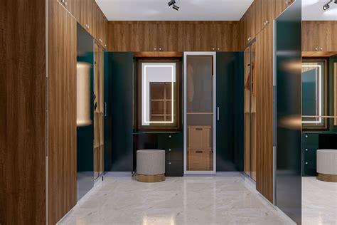 Modern Walk-In Wardrobe Design With Wooden Grain And Dark Green ...