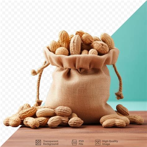 Cacahuetes en una pequeña bolsa de arpillera con fondo transparente