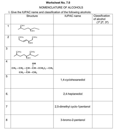 Solved Worksheet No. 7.0 NOMENCLATURE OF ALCOHOLS I. Give | Chegg.com