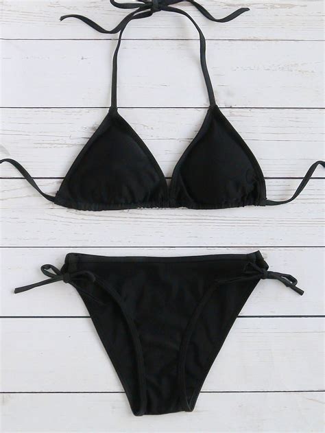 Black Side Tie Triangle Bikini SetFor Women Romwe