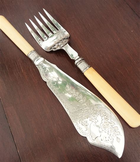 Fish Slice And Fork Vintage Silver Plated Faux Bone Handled Fish