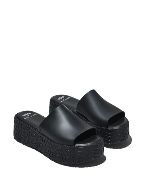 Marc Jacobs X Melissa Becky Flatform Slides In Black Patent Modesens