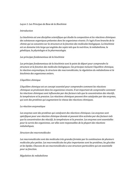 Biochemistry Leçon 1 Les Principes de Base de la Biochimie