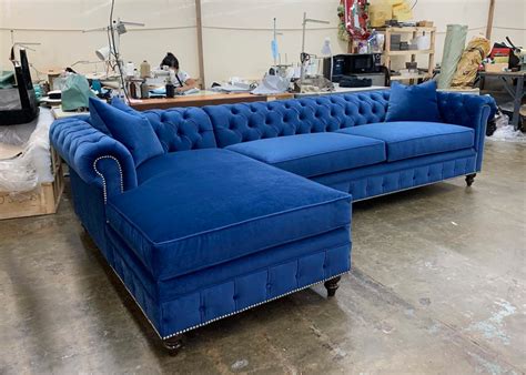 Chesterfield Sectional in Blue Velvet | Corner sofa design, Sofa bed design, Living room sofa design